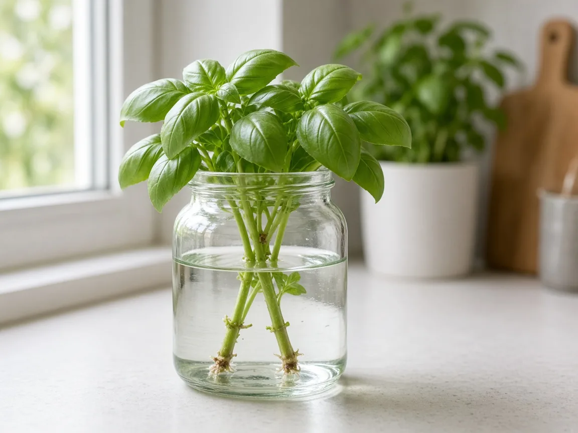 Basil stem cuttings rooting in a clear glass of water.