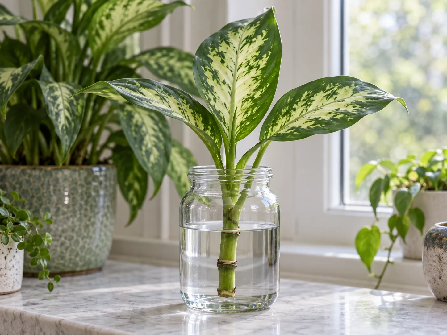 A cane-type houseplant stem cutting in a jar, with its lower stem under water and leaves above the waterline