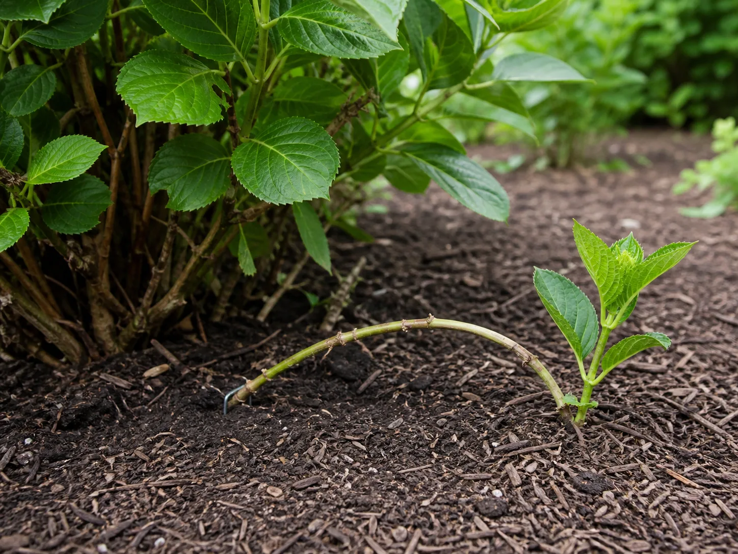 A flexible vine tip pinned to the soil for low-risk tip layering