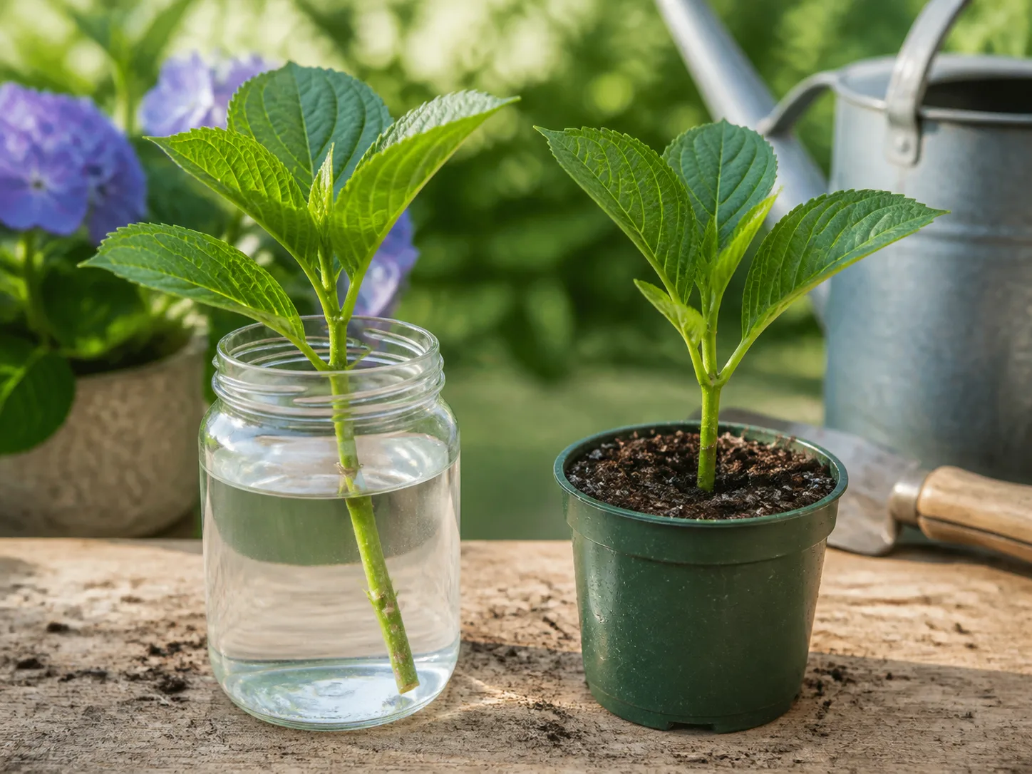 Houseplant cutting rooting in a clear glass jar of water on a bright windowsill, with leaves above the waterline