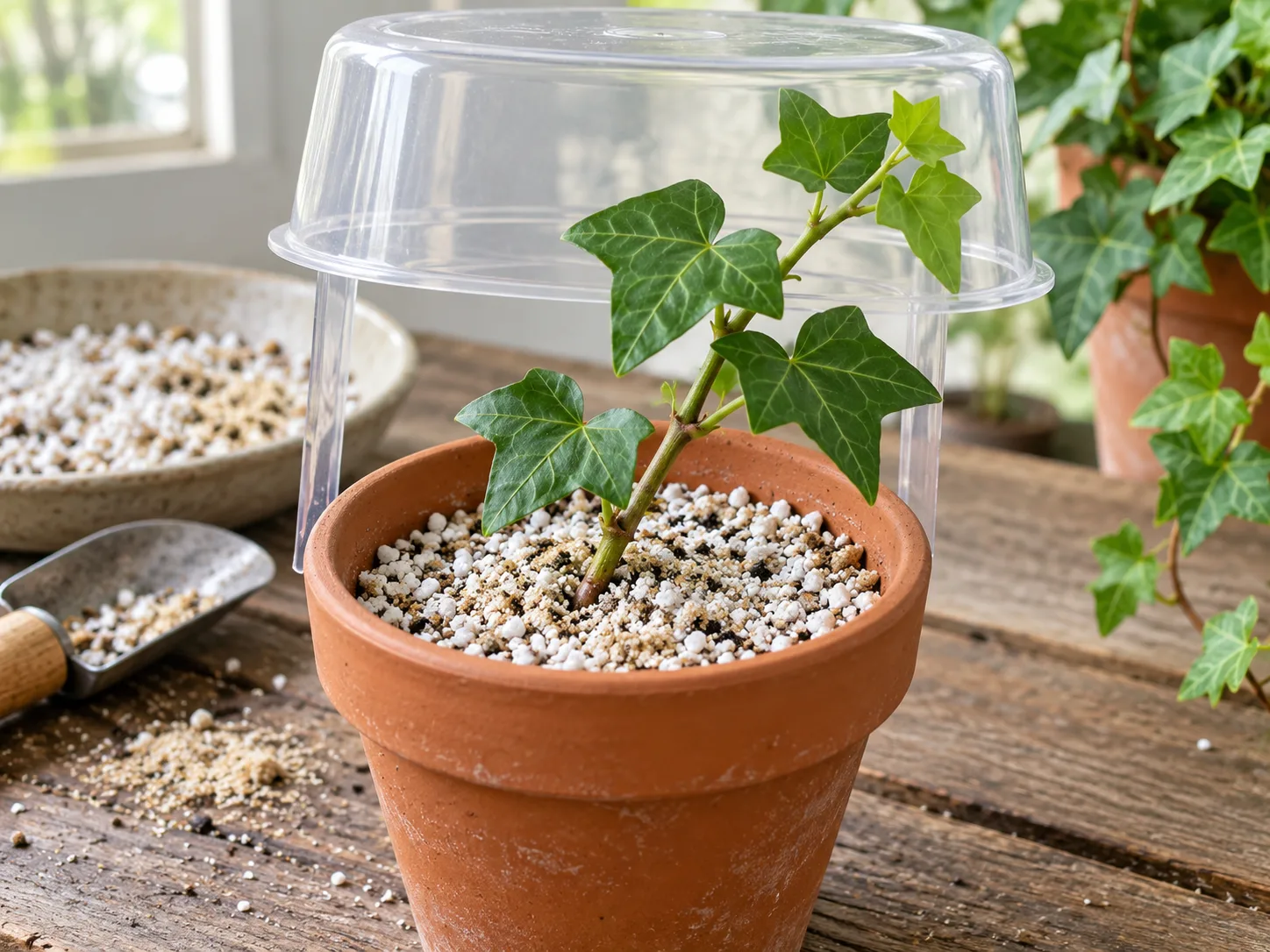 Node-bearing English ivy cutting in moist, airy propagation mix beneath a clear humidity cover