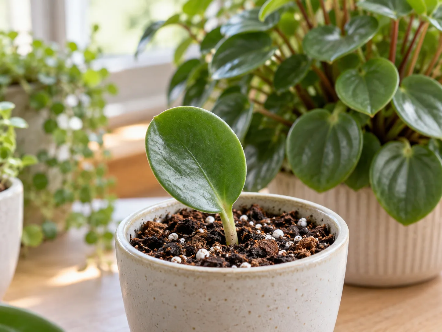 A peperomia leaf cutting planted with its petiole in moist mix