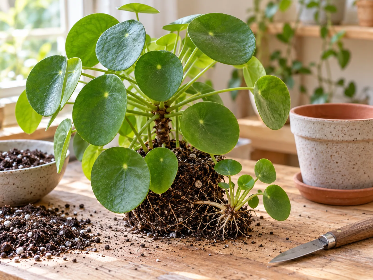 A Pilea peperomioides pup with fine roots exposed beside its mother plant.