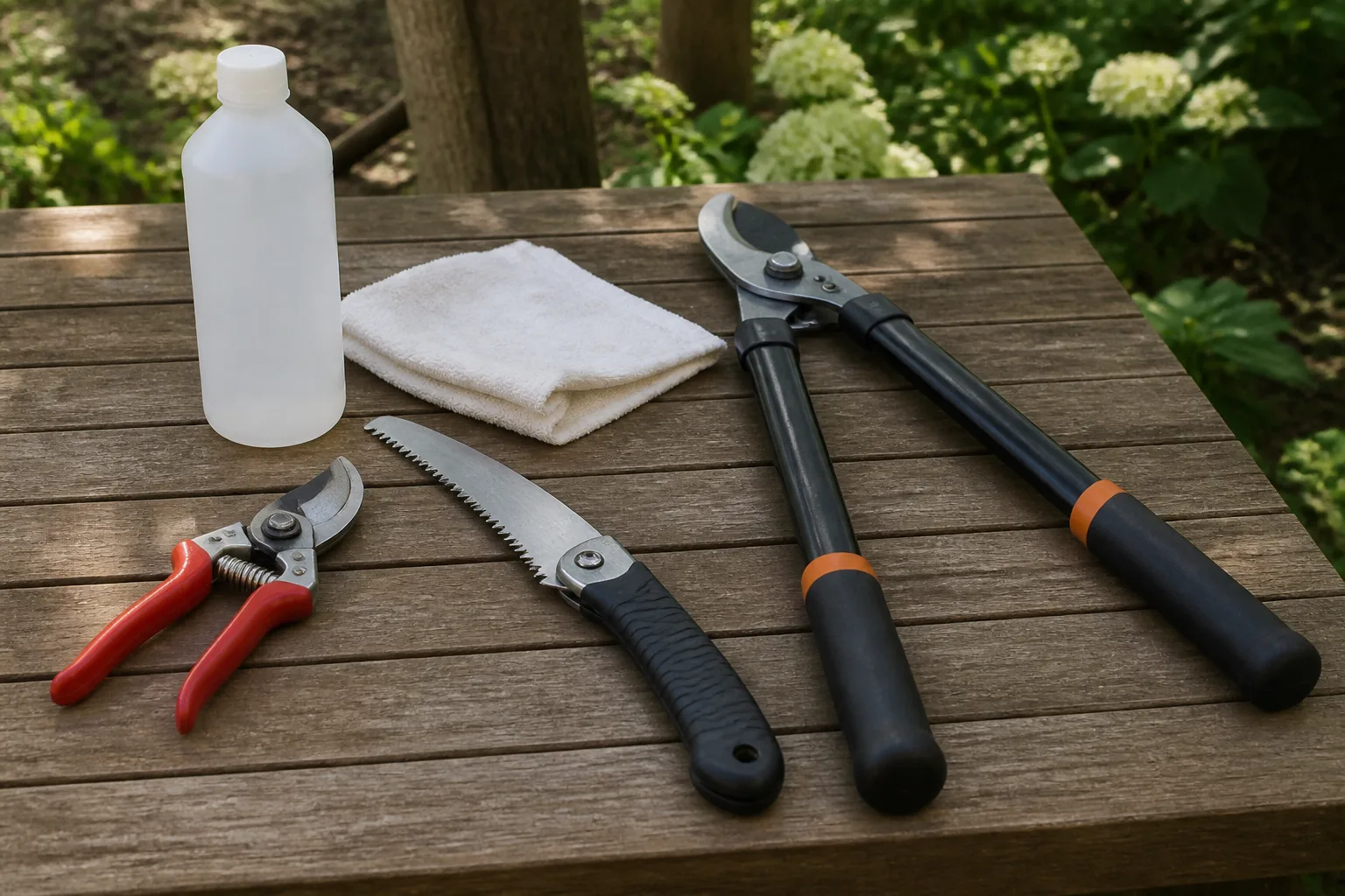 Clean bypass pruners, loppers, a pruning saw, and a cloth arranged on a garden table