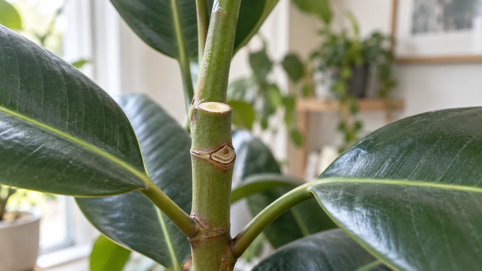 A close-up example of a clean cut just above a leaf node; the pictured plant is a rubber plant, but the node is the feature to identify on a money-tree shoot.