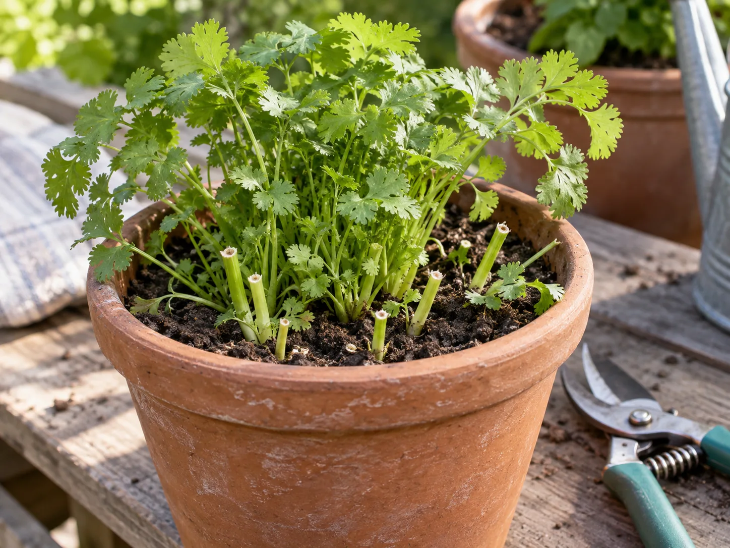 Cilantro stems cut above the crown for a careful repeat harvest