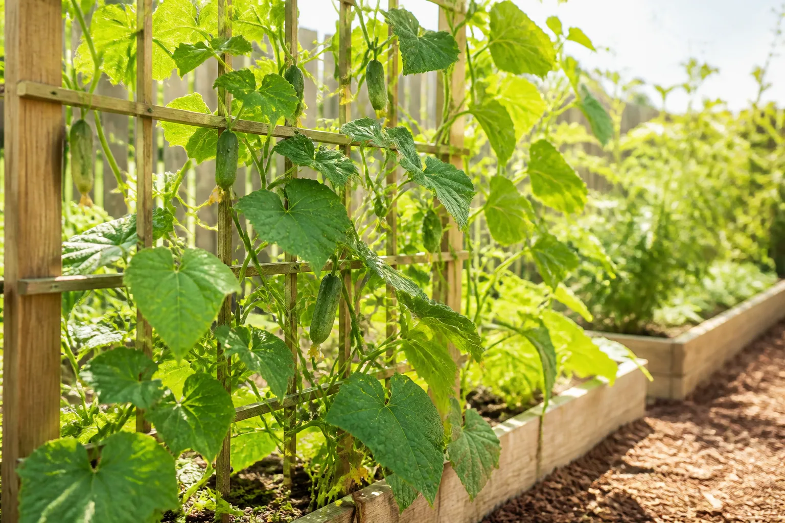 Cucumber vines growing upright on a sturdy garden trellis