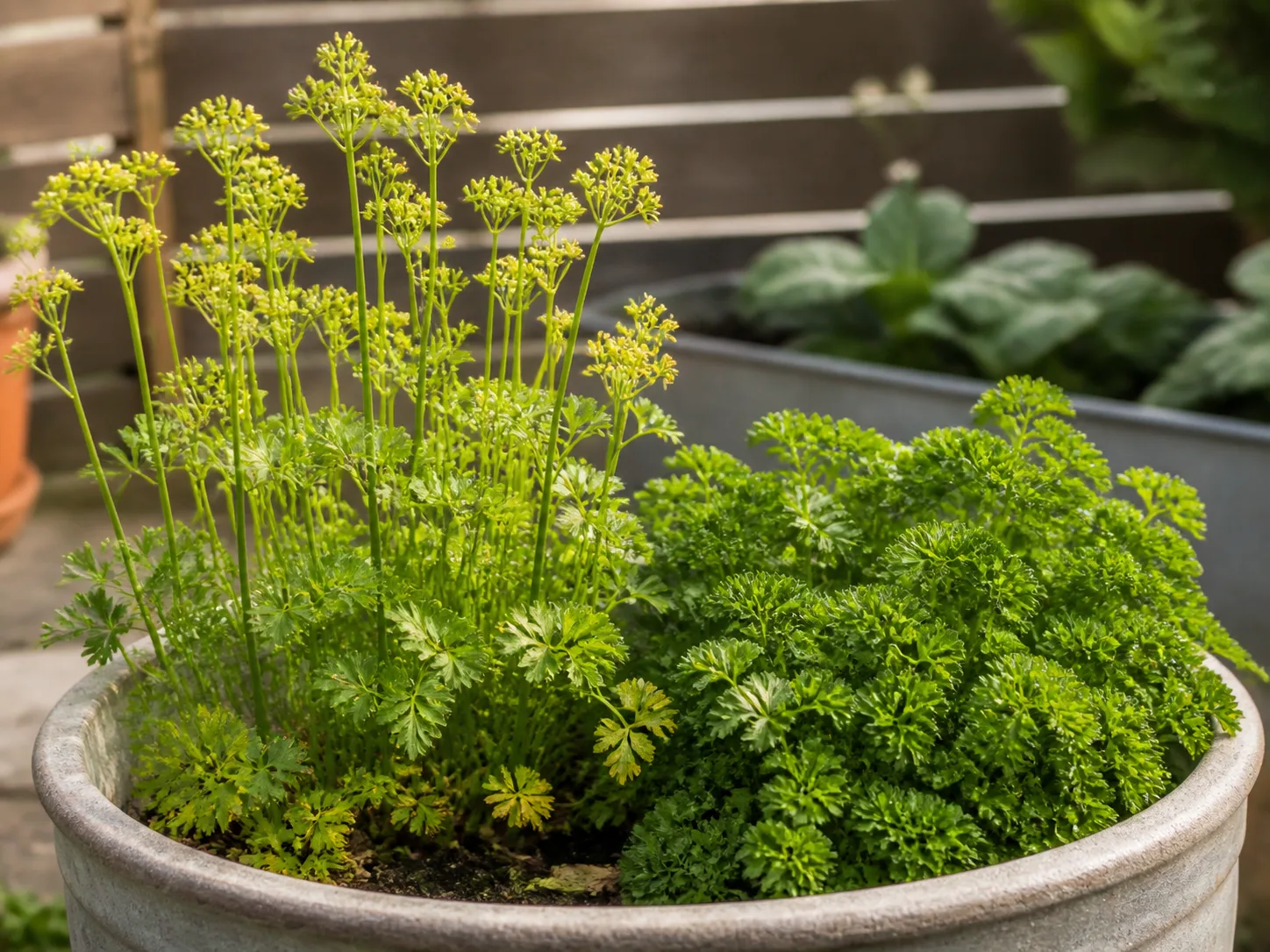 Parsley in its second year with tall flowering stalks rising above the leafy rosette
