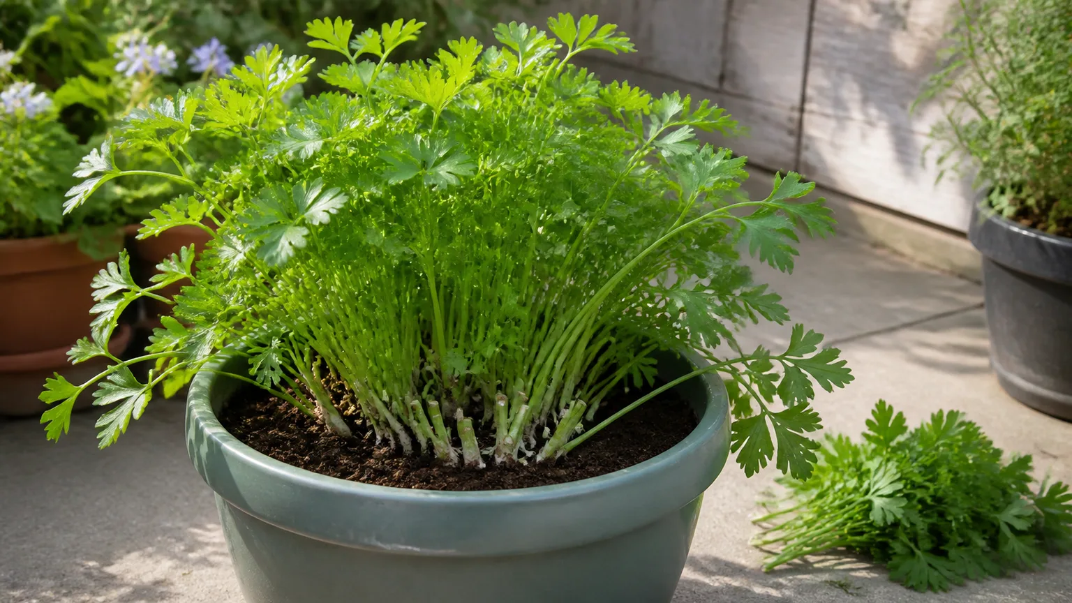 Parsley after outer stalks have been cut low, with the central growth left intact