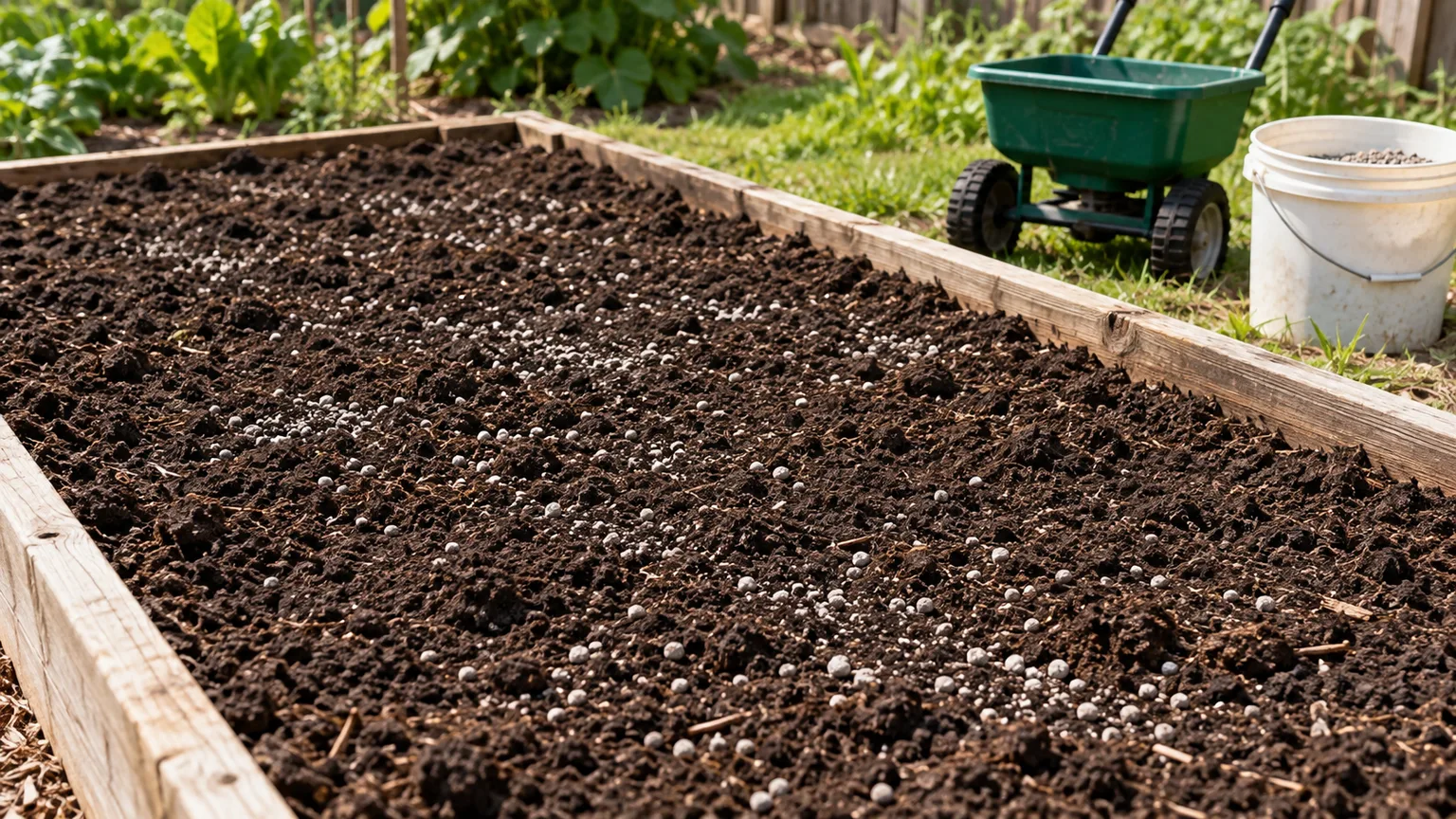 Pelletized garden lime spread across a prepared raised bed beside a spreader