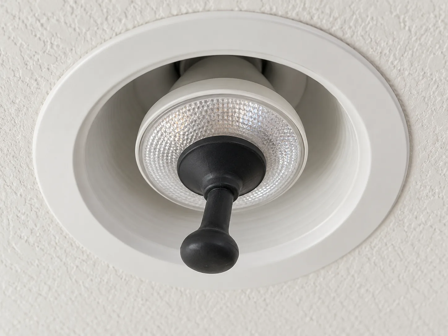 A suction-cup bulb-removal tool attached to the face of an intact recessed reflector bulb