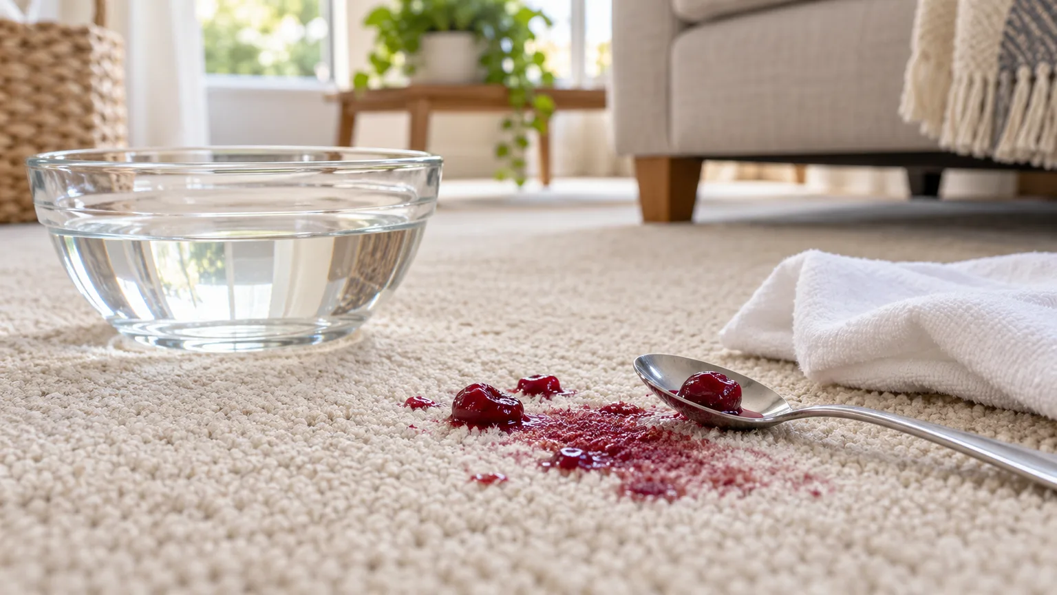 Fresh cranberry sauce on pale carpet with a spoon, white absorbent cloth, and cool water nearby
