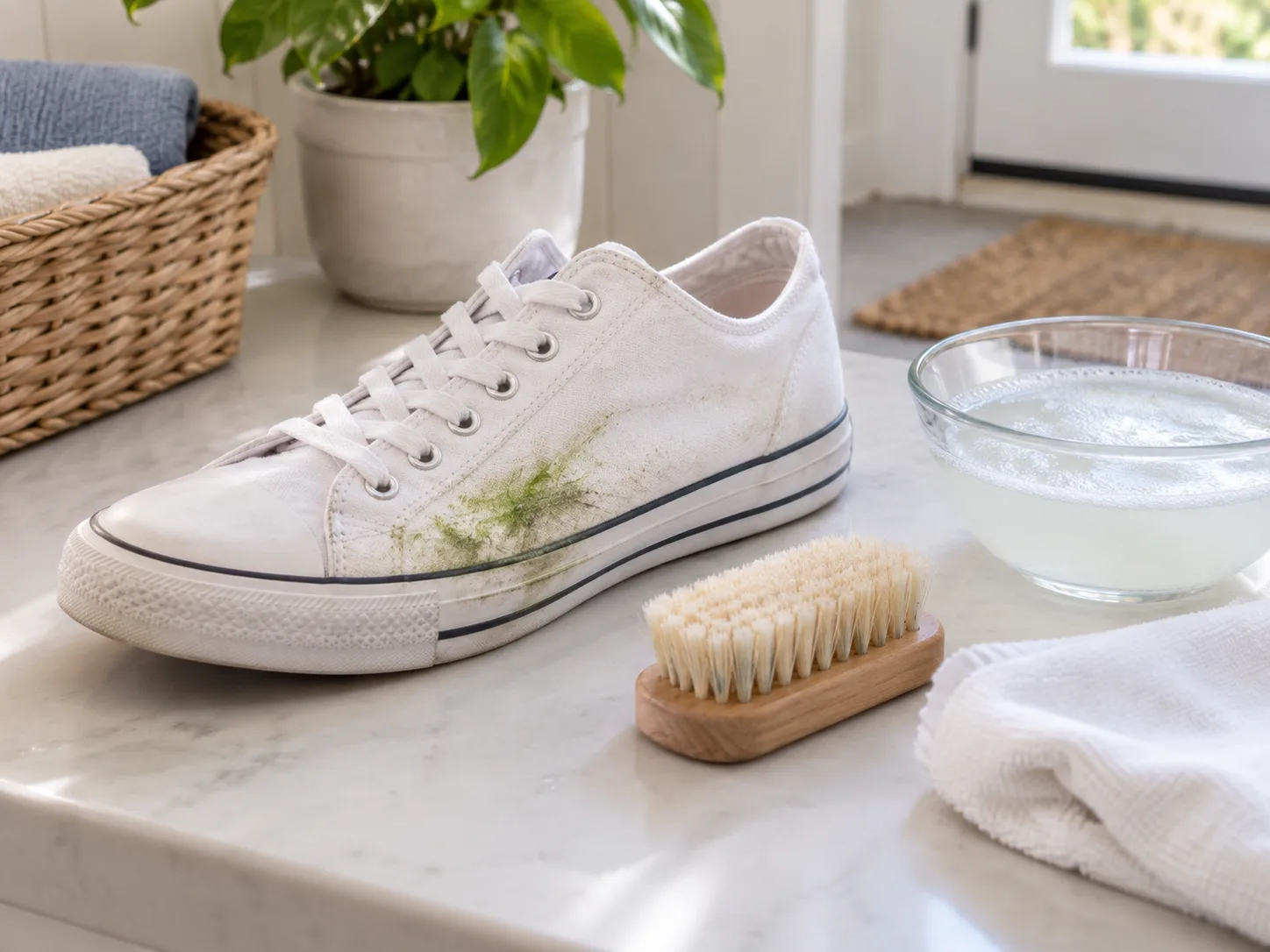 A pair of grass-stained athletic shoes beside a soft brush and cleaning cloth