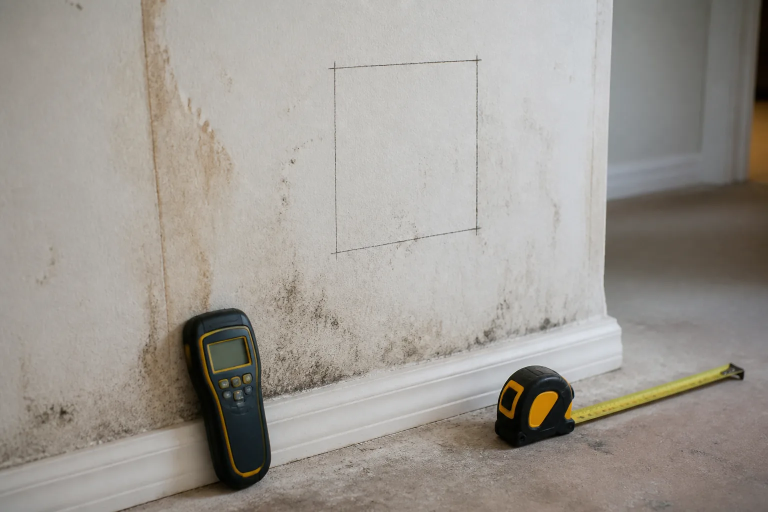 A mold-damaged wall beside a moisture meter, showing why recurring growth calls for a moisture check
