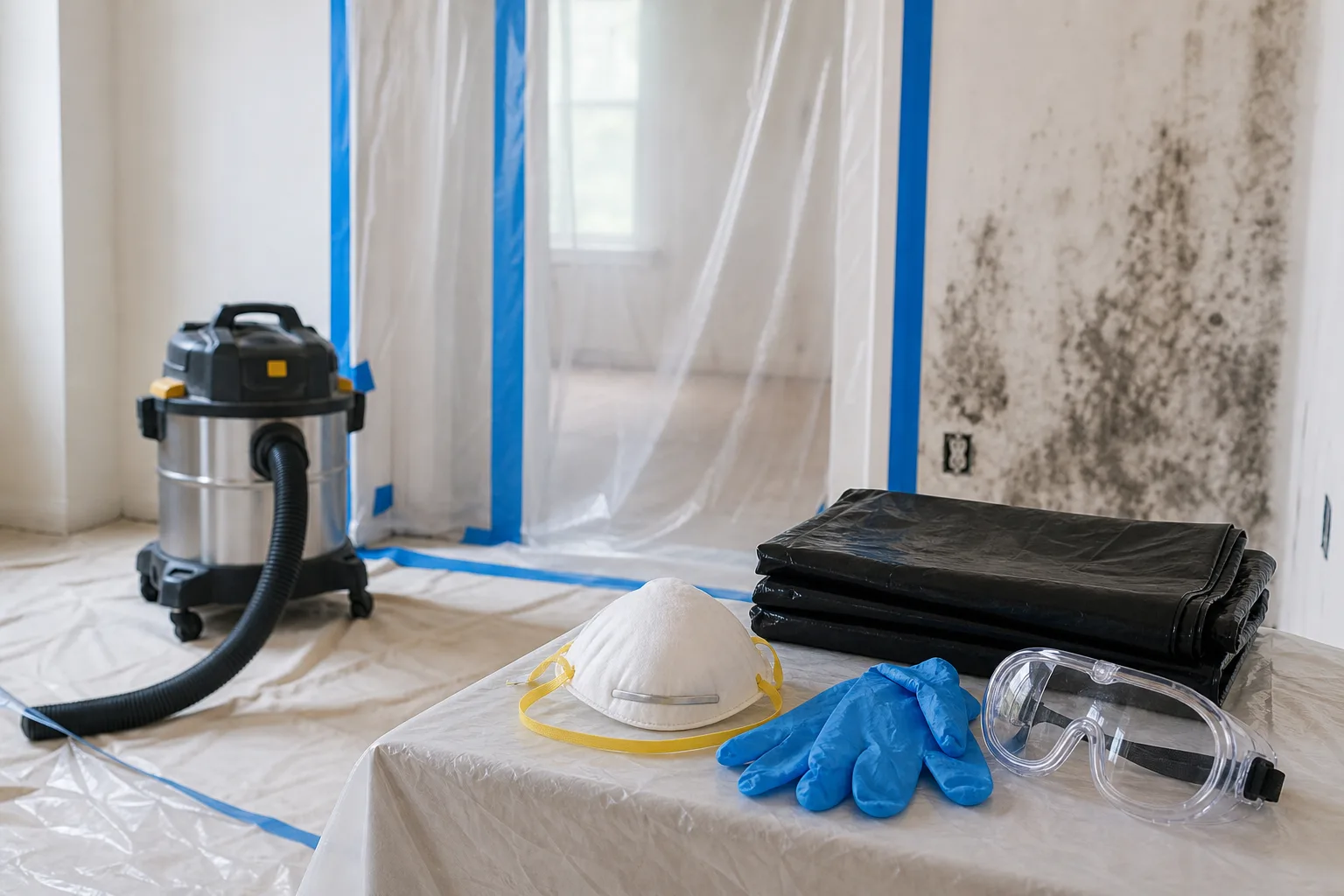 A contained interior mold-remediation work area with plastic barriers, a HEPA vacuum, and protective equipment