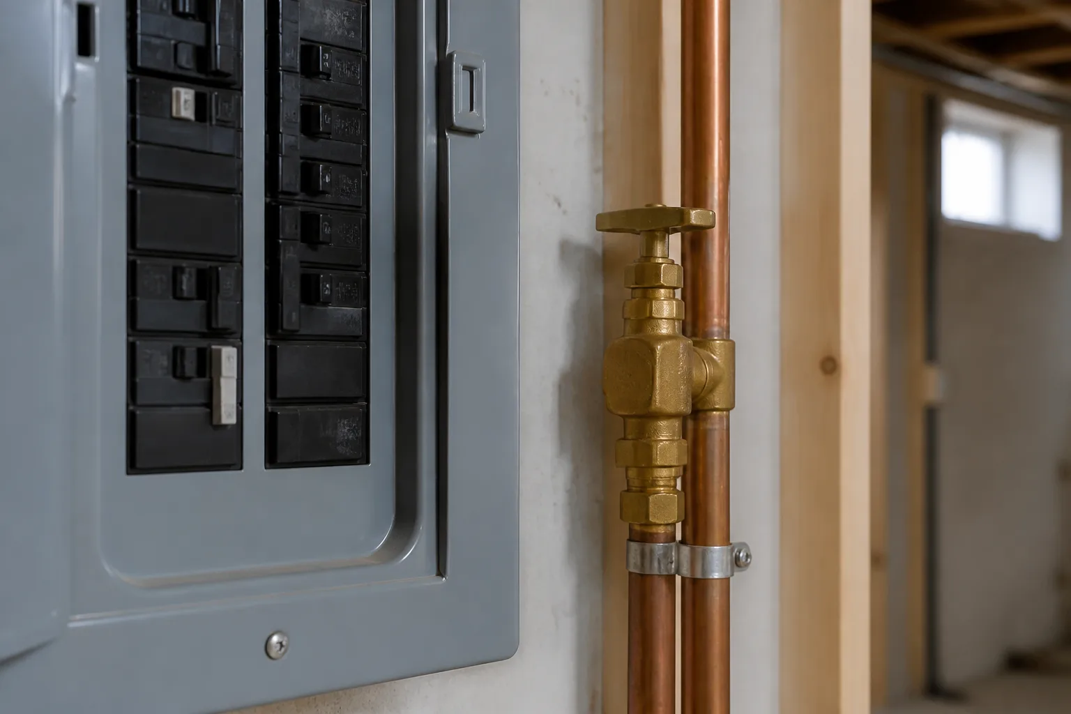 A wall area beside plumbing and an electrical panel, illustrating why active leaks and utilities must be handled before opening a work area