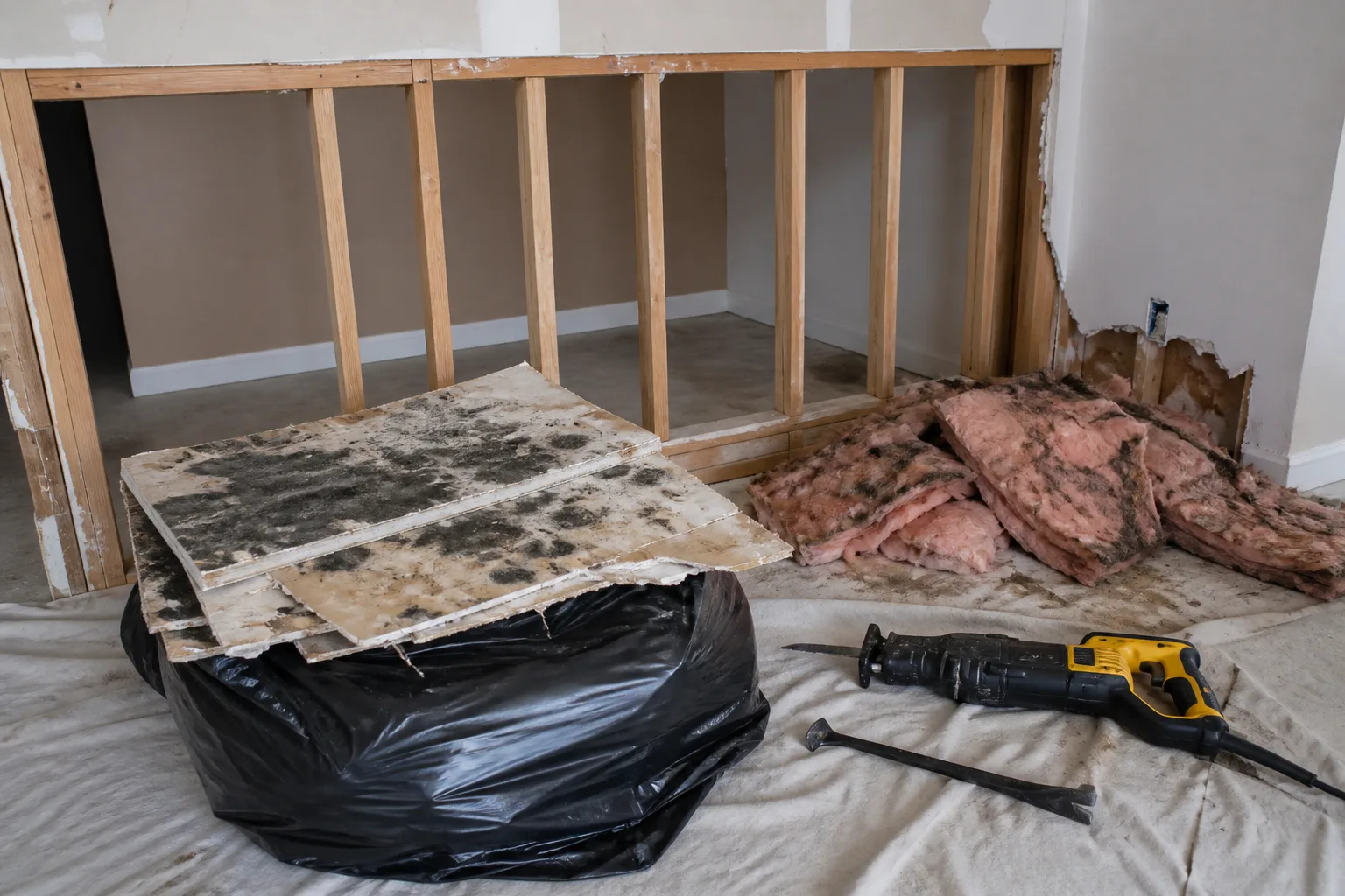 Removed moldy drywall and insulation bagged beside an opened wall cavity during cleanup