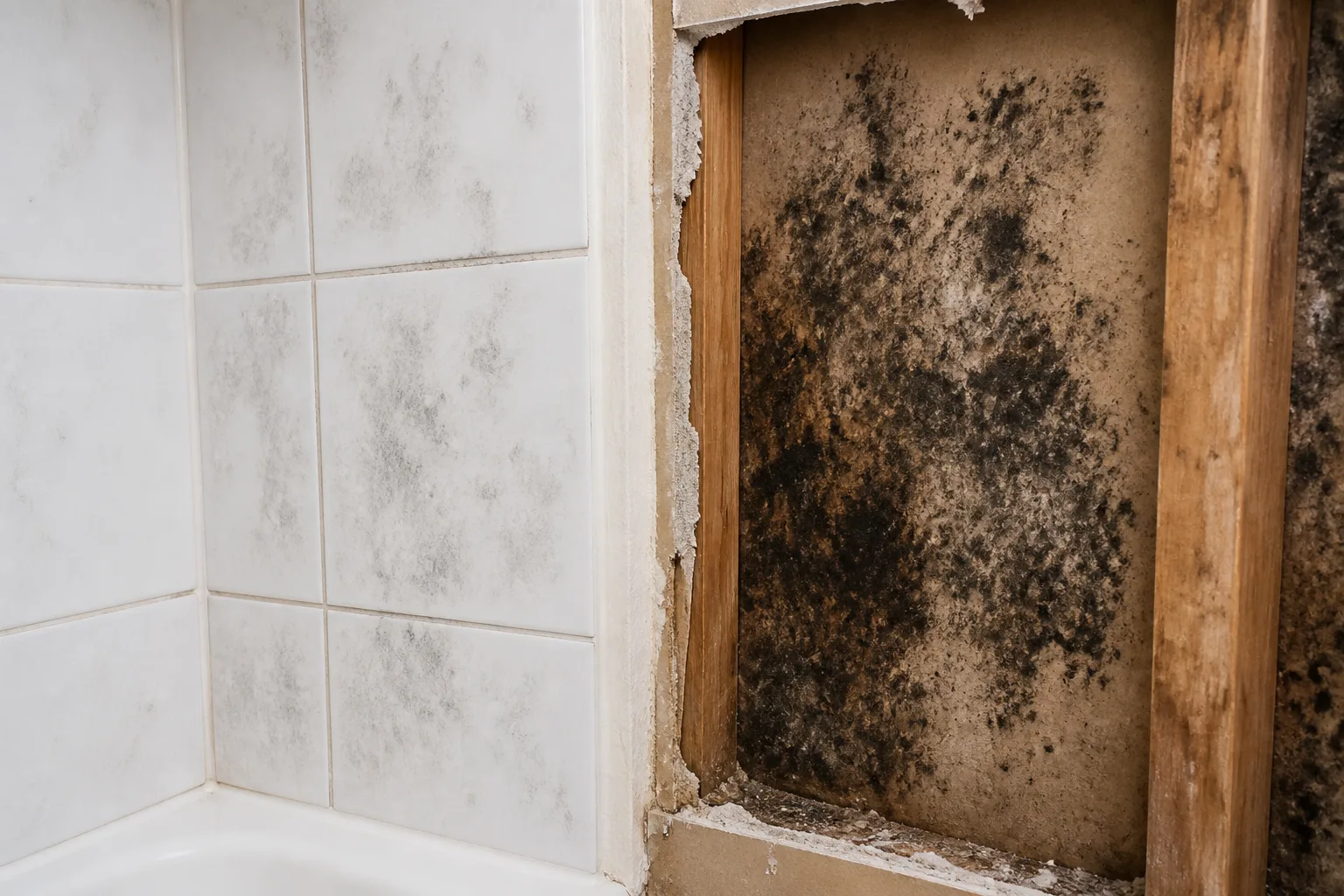 Mold behind a wall beside bathroom tile, showing why hidden growth differs from surface mold