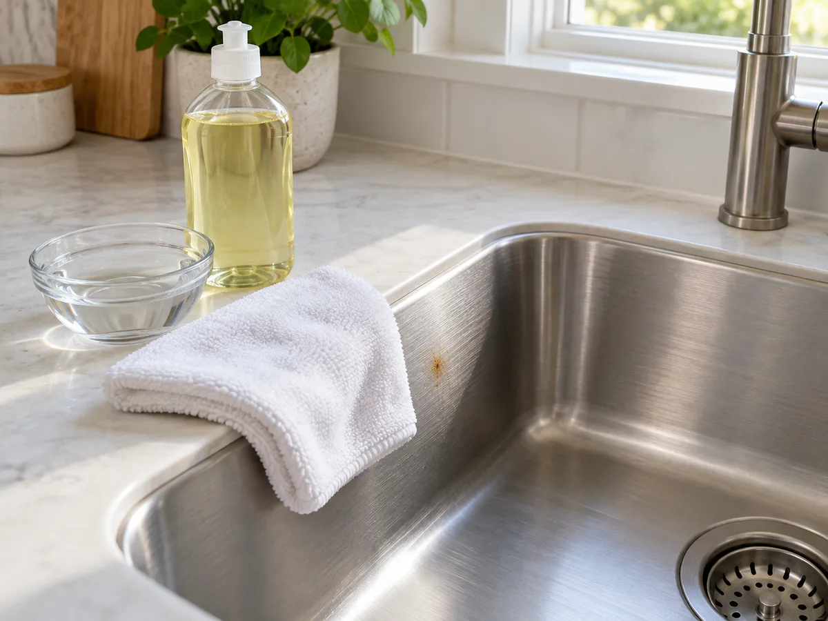 Soft microfiber cloth, mild dish soap, and clean water beside a brushed stainless-steel sink