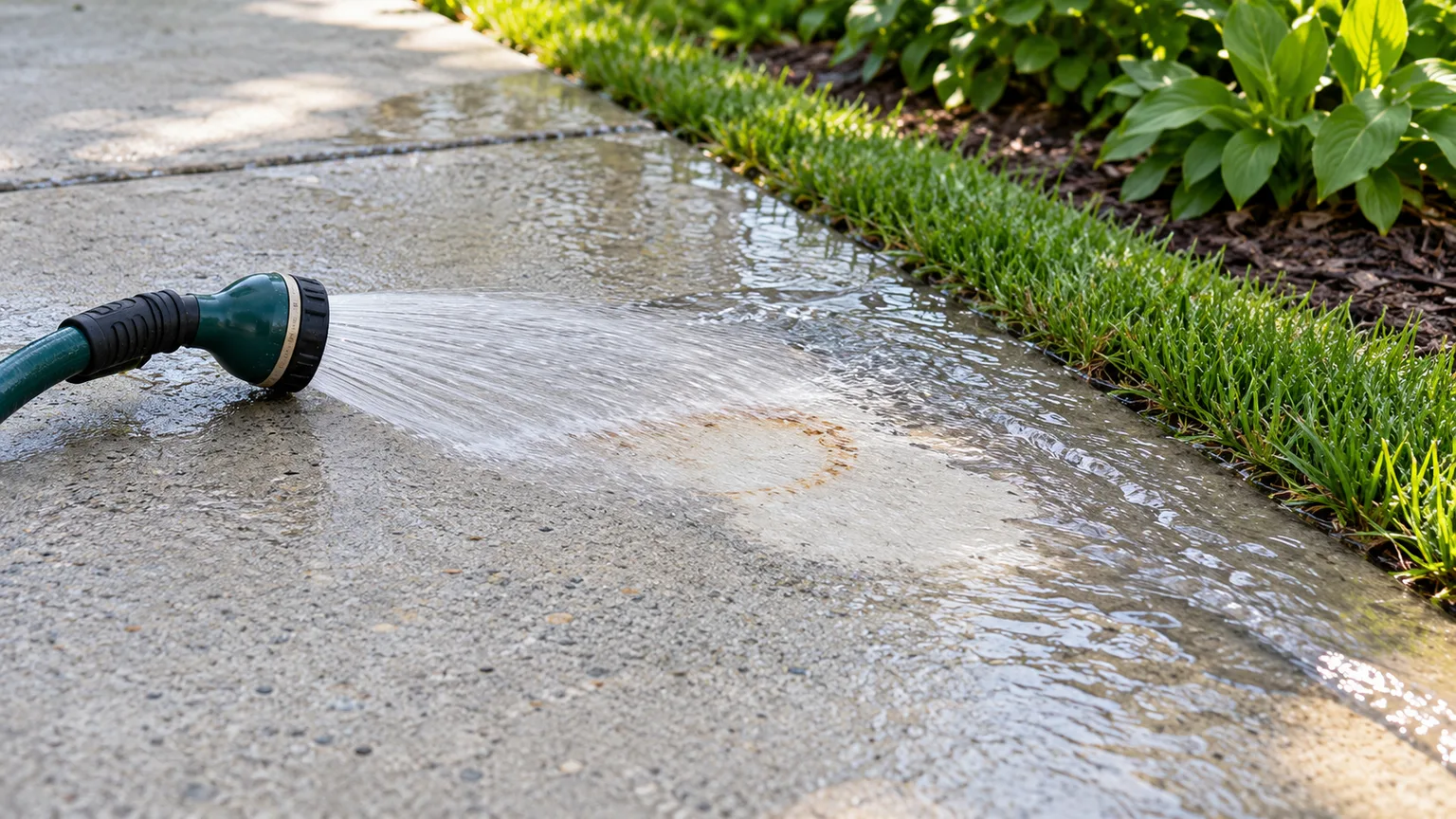 A gentle hose rinse carries loosened rust residue away from a concrete walkway