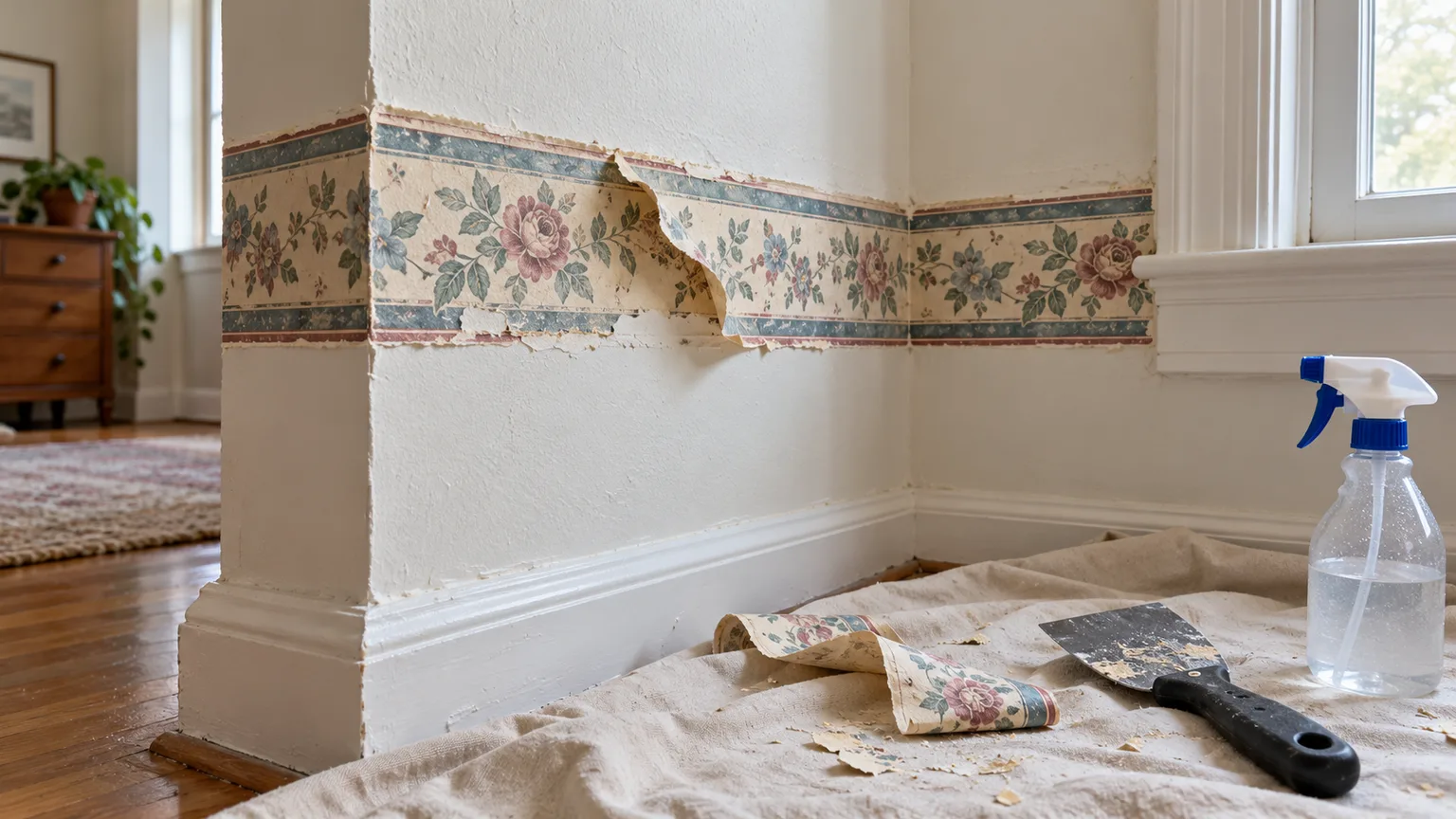 An old wallpaper border partly lifted above a protected floor with a spray bottle and scraper nearby