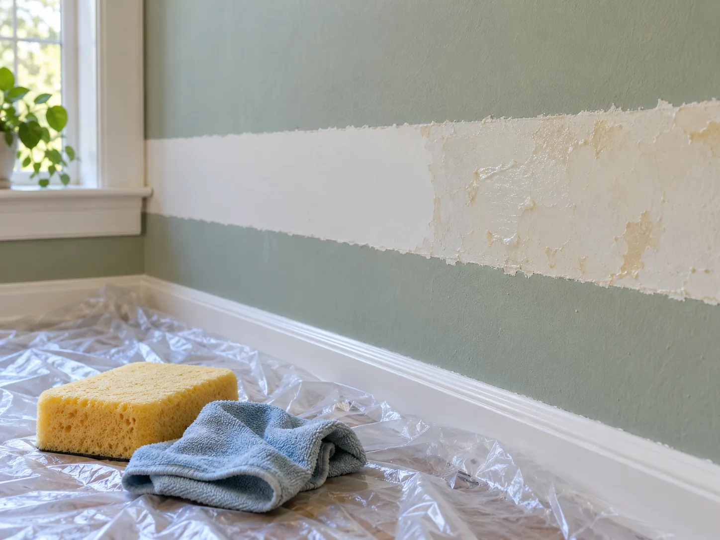 A removed wallpaper border with a damp sponge and cloth ready for the adhesive-cleanup and wall-inspection stage