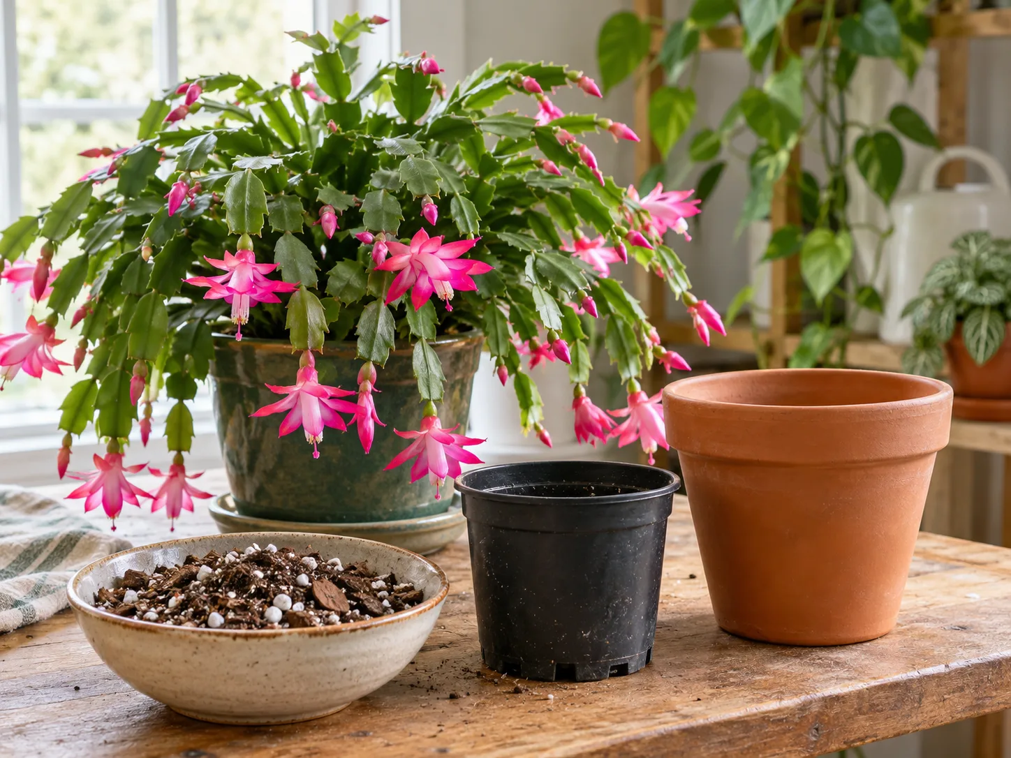 A flowering Christmas cactus beside a draining pot, terracotta container, and airy potting mix