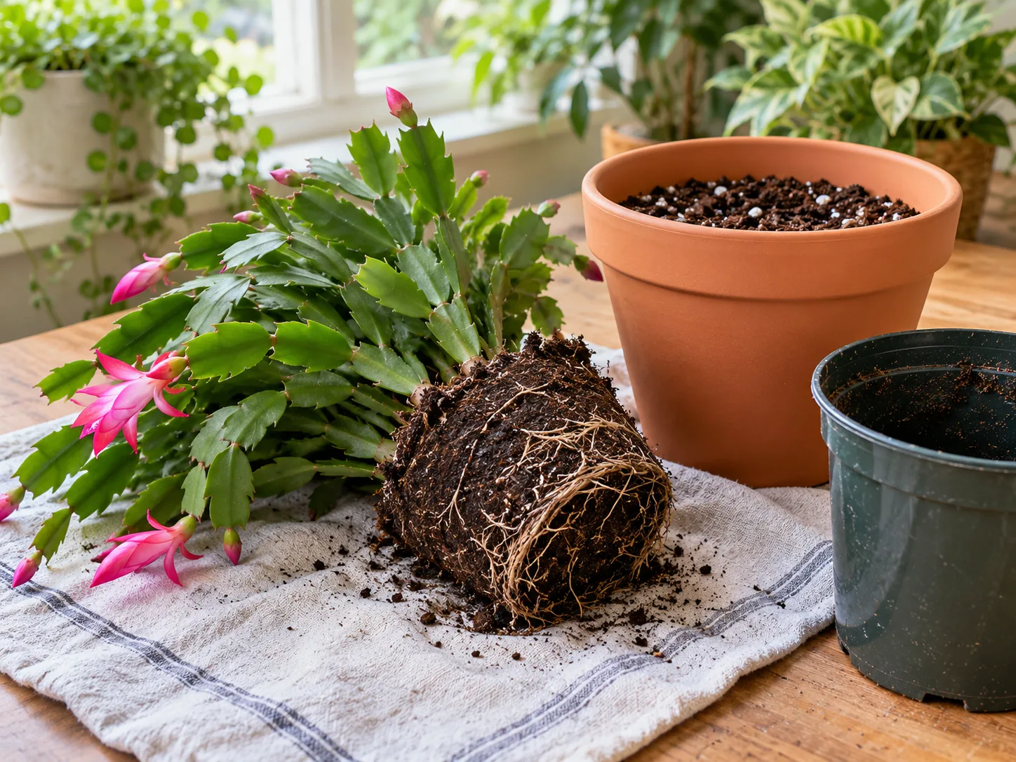 A Christmas cactus root ball resting beside its old nursery pot and fresh mix during repotting