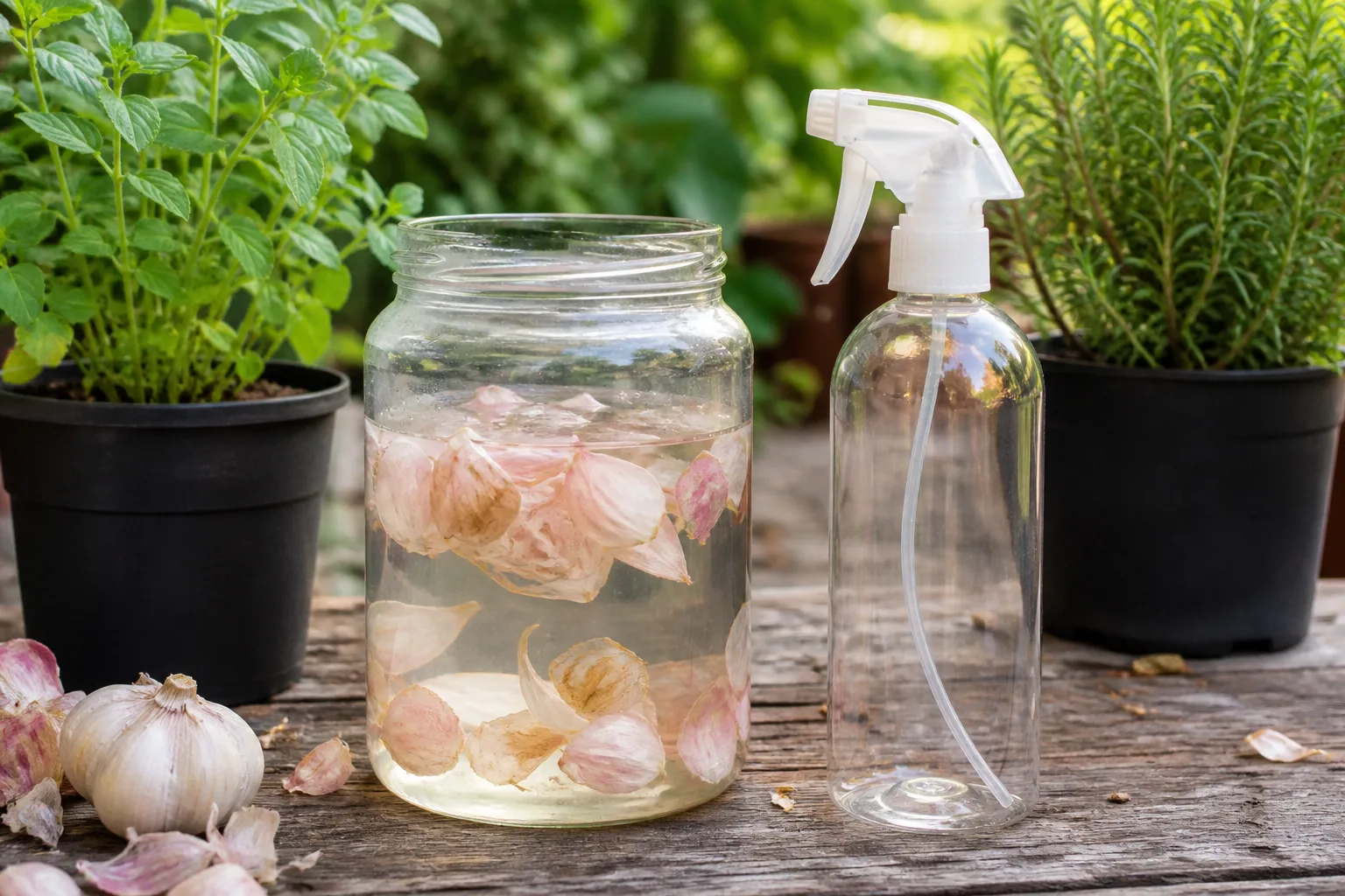 Jar of garlic skins steeping beside a clean spray bottle in a garden setting