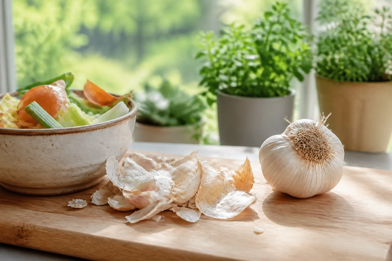 Garlic bulbs and garden scraps beside potted herbs for a natural pest-control guide