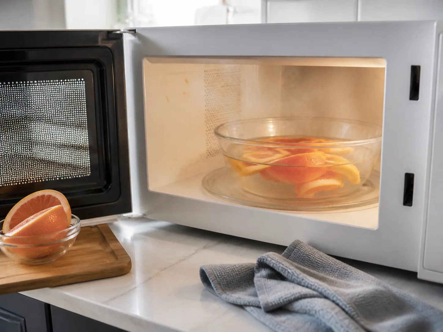 A bowl of citrus water steaming in a microwave to loosen dried splatters