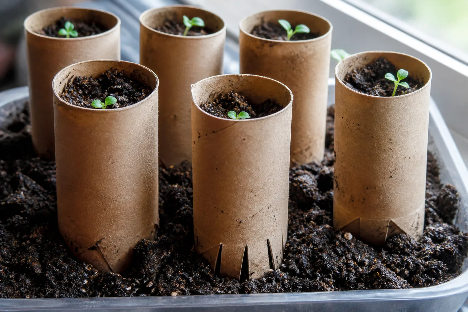 Young seedlings growing in soil-filled toilet paper roll seed pots