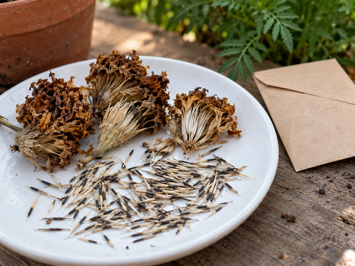 Mature marigold heads and slender black-tipped achenes air-drying beside a plain paper envelope.