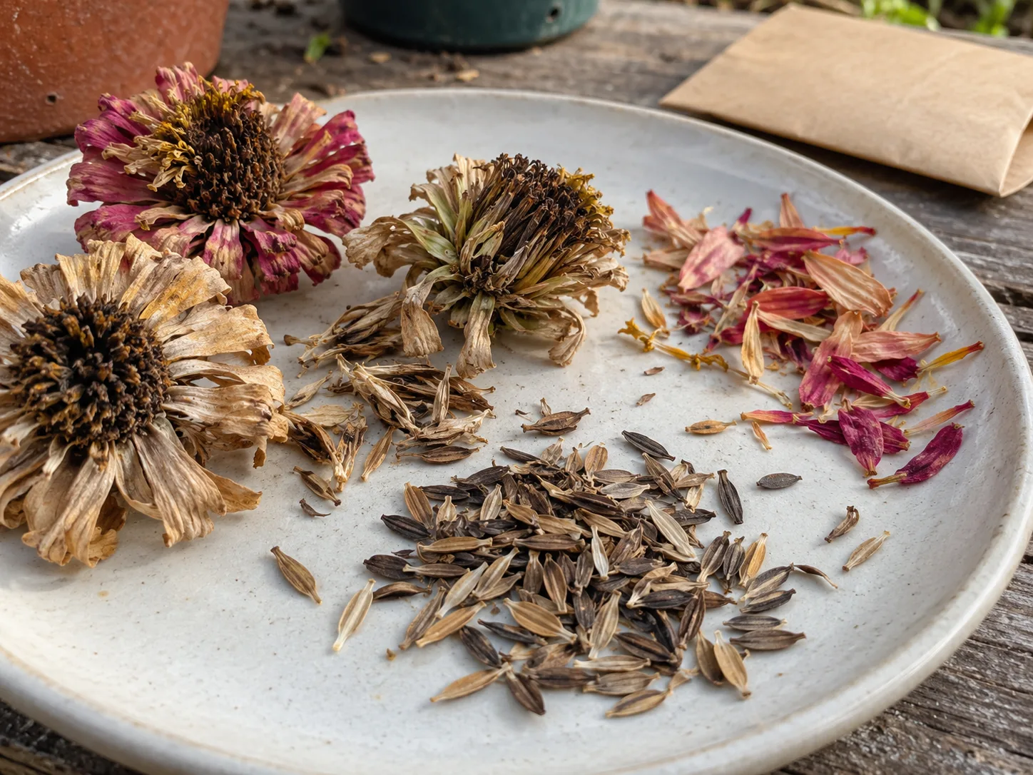Mature zinnia seeds and dry flower heads separated on a plate