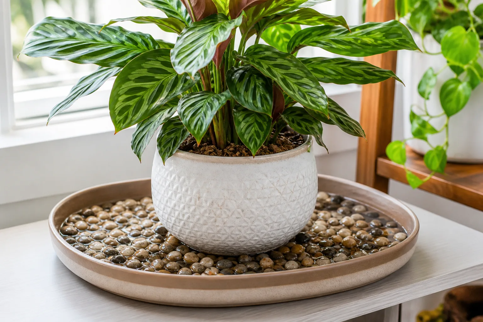 Pebble tray beneath a houseplant with the pot held above the waterline
