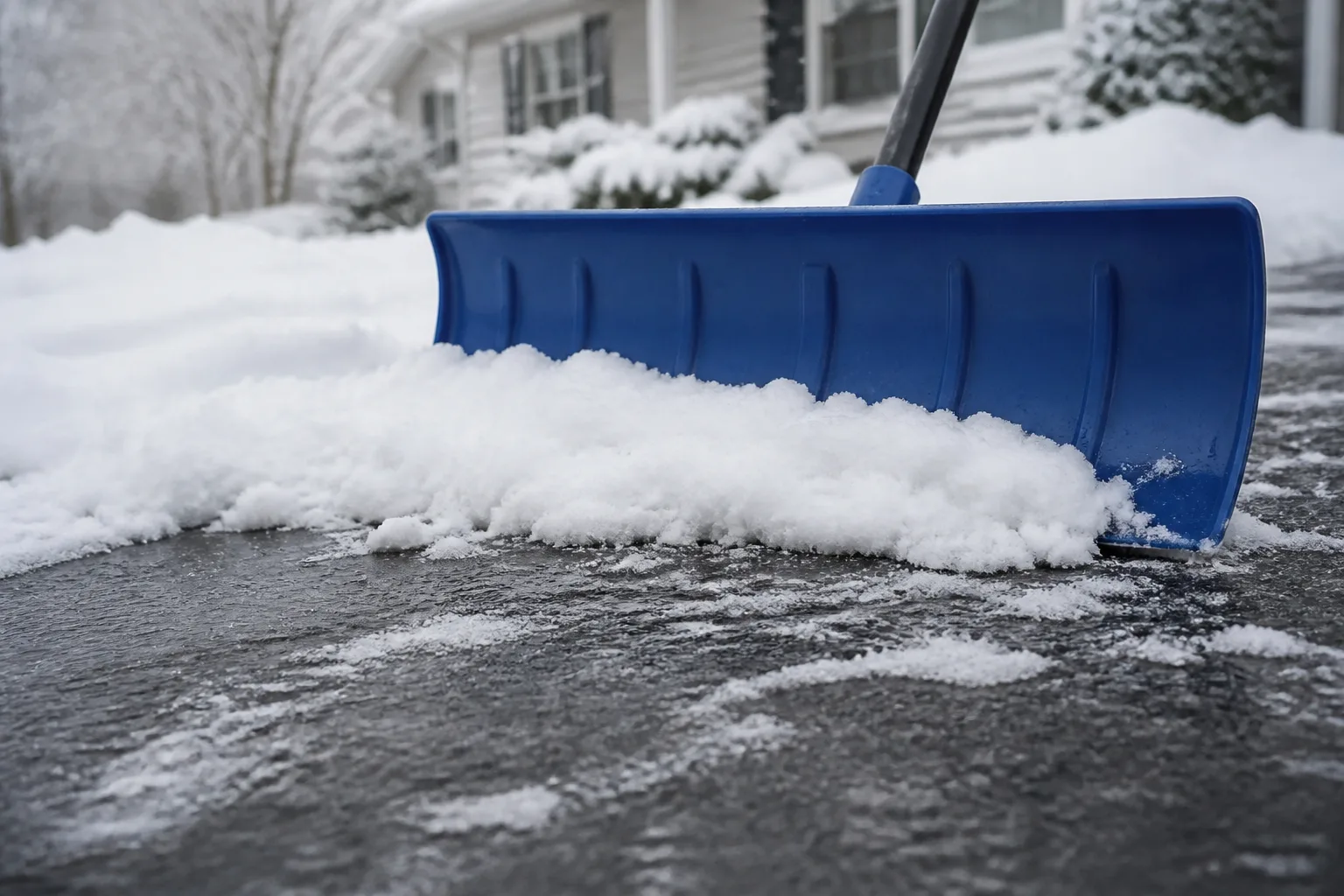 Person pushing snow off a driveway with a wide pusher shovel using a low-angle push technique near a lawn edge