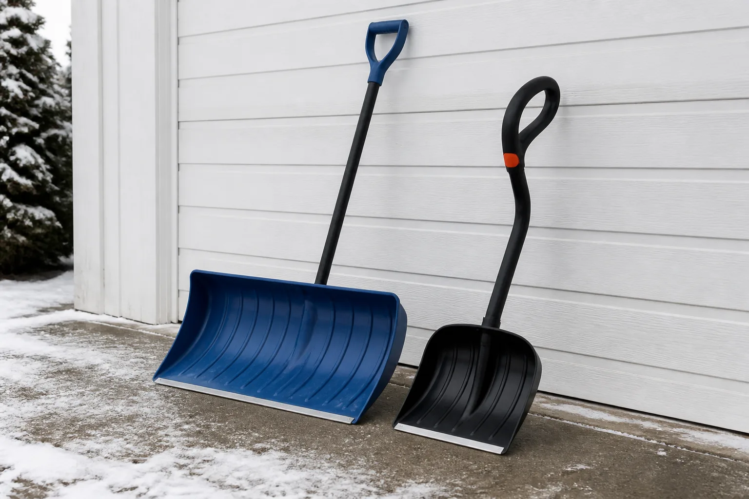 Wide pusher shovel and ergonomic scoop shovel beside a snow blower at a residential garage in winter