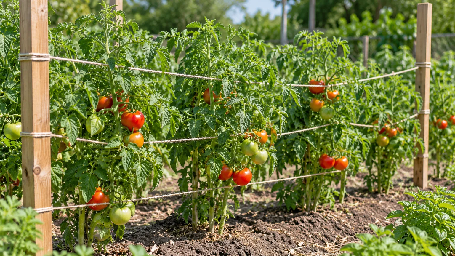 Tomato vines supported in a Florida weave of posts and horizontal twine