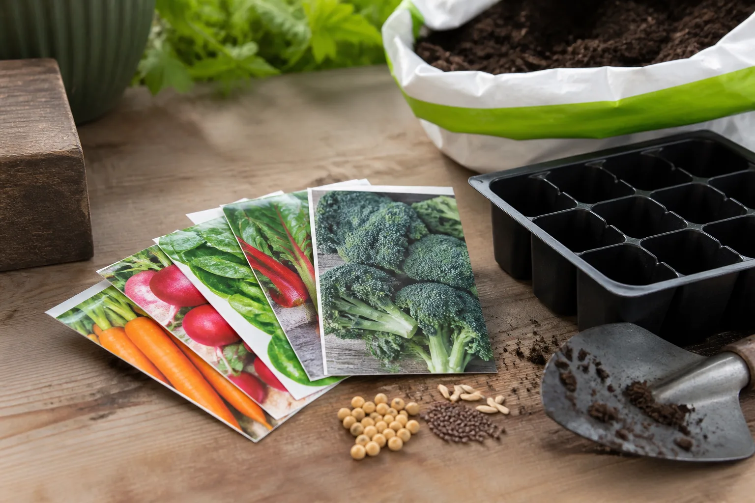 Seed packets and loose seed arranged beside a garden notebook for planning