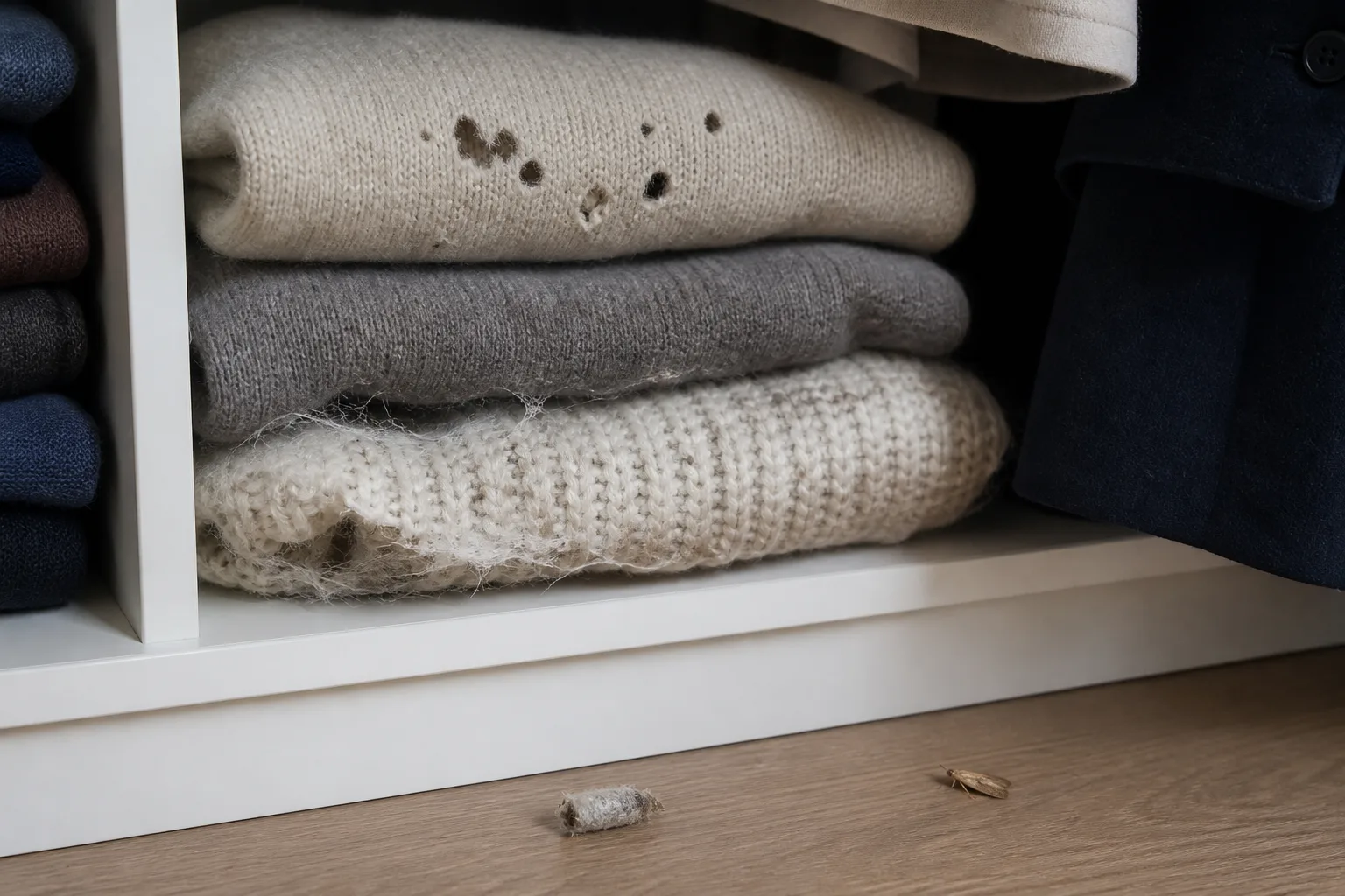 Moth-damaged wool with webbing and a small case near a sweater.