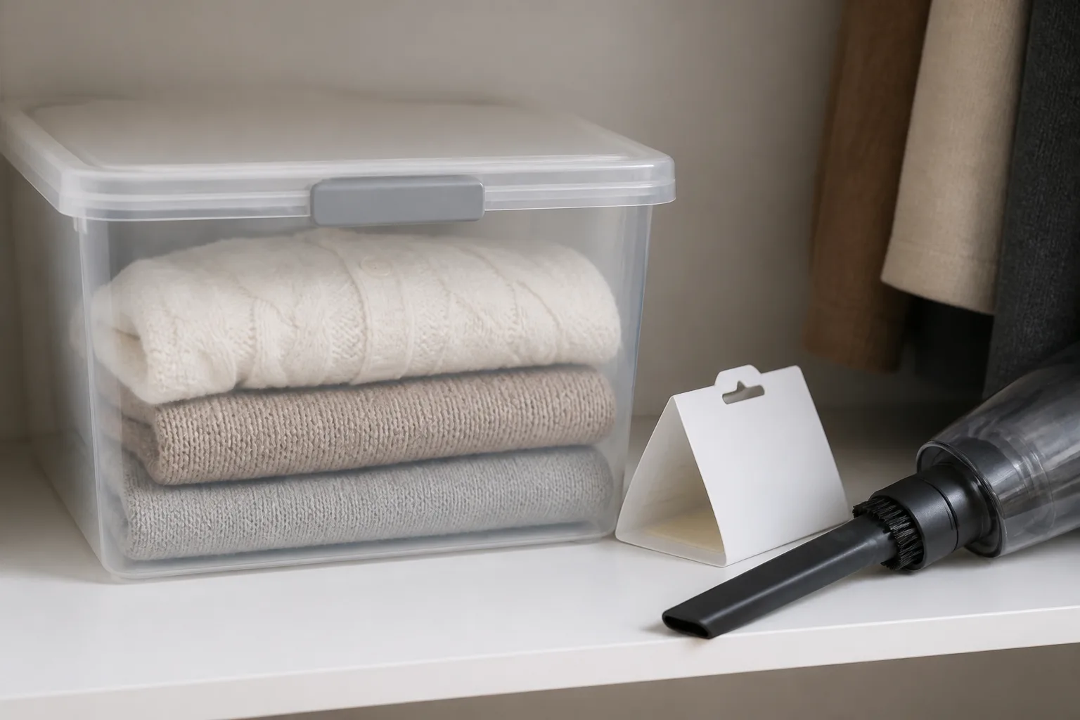 A vacuum tool and sealed wool garments ready for closet cleanup.