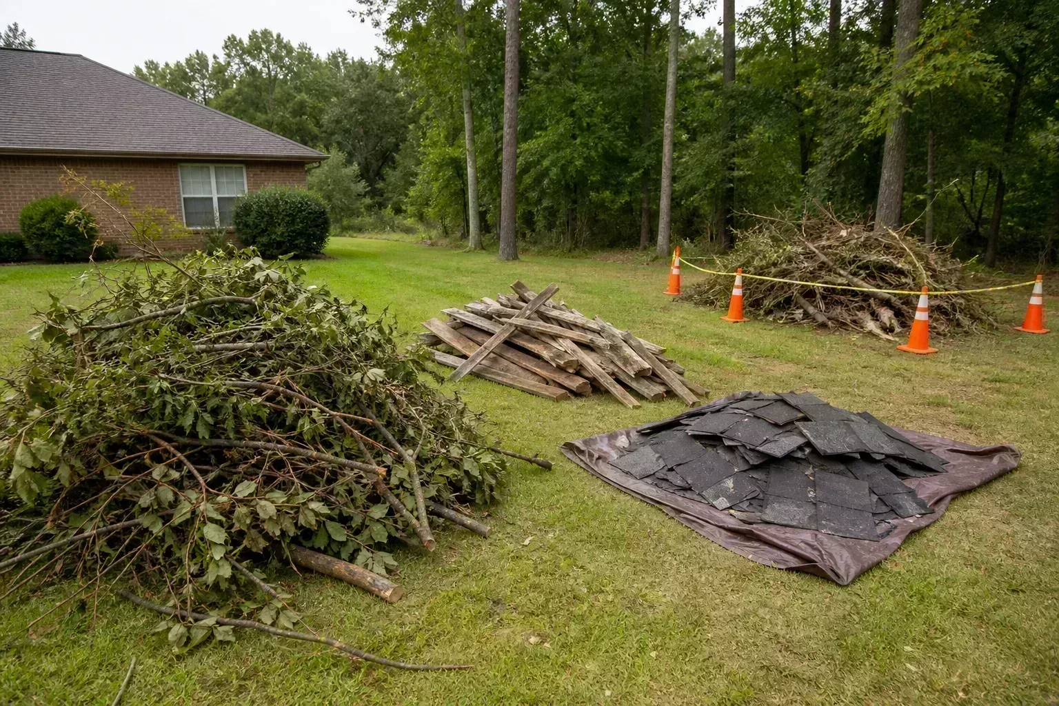Tree branches and logs sorted into piles for yard debris removal