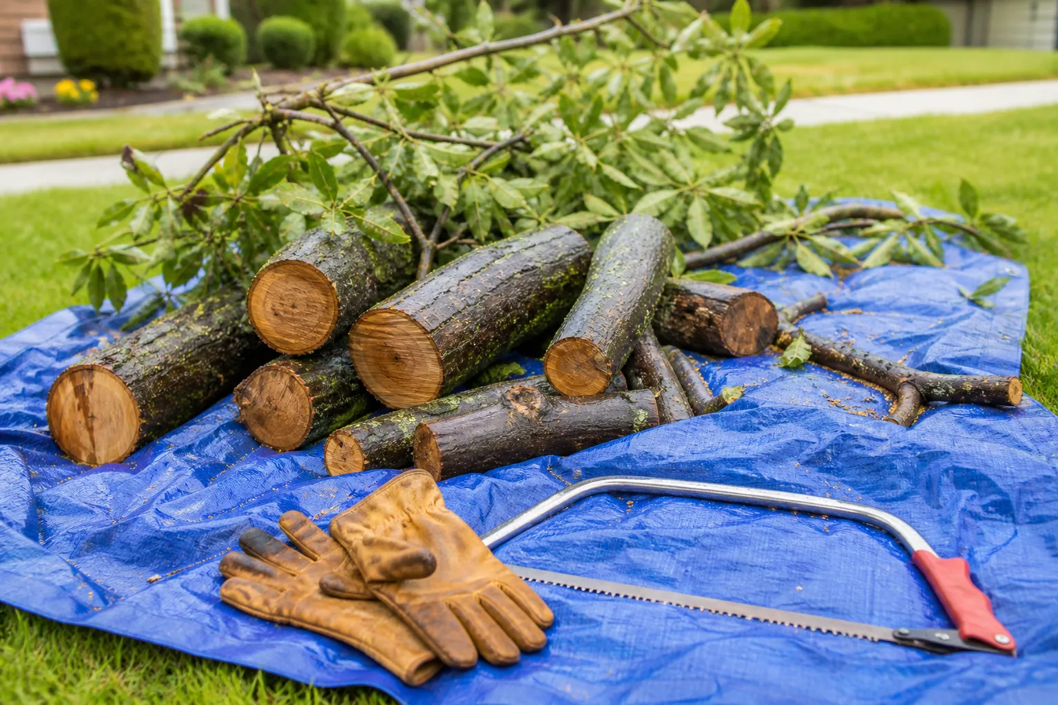 Branches cut into logs and placed on a tarp illustrate the debris a crew may need to chip or haul away.