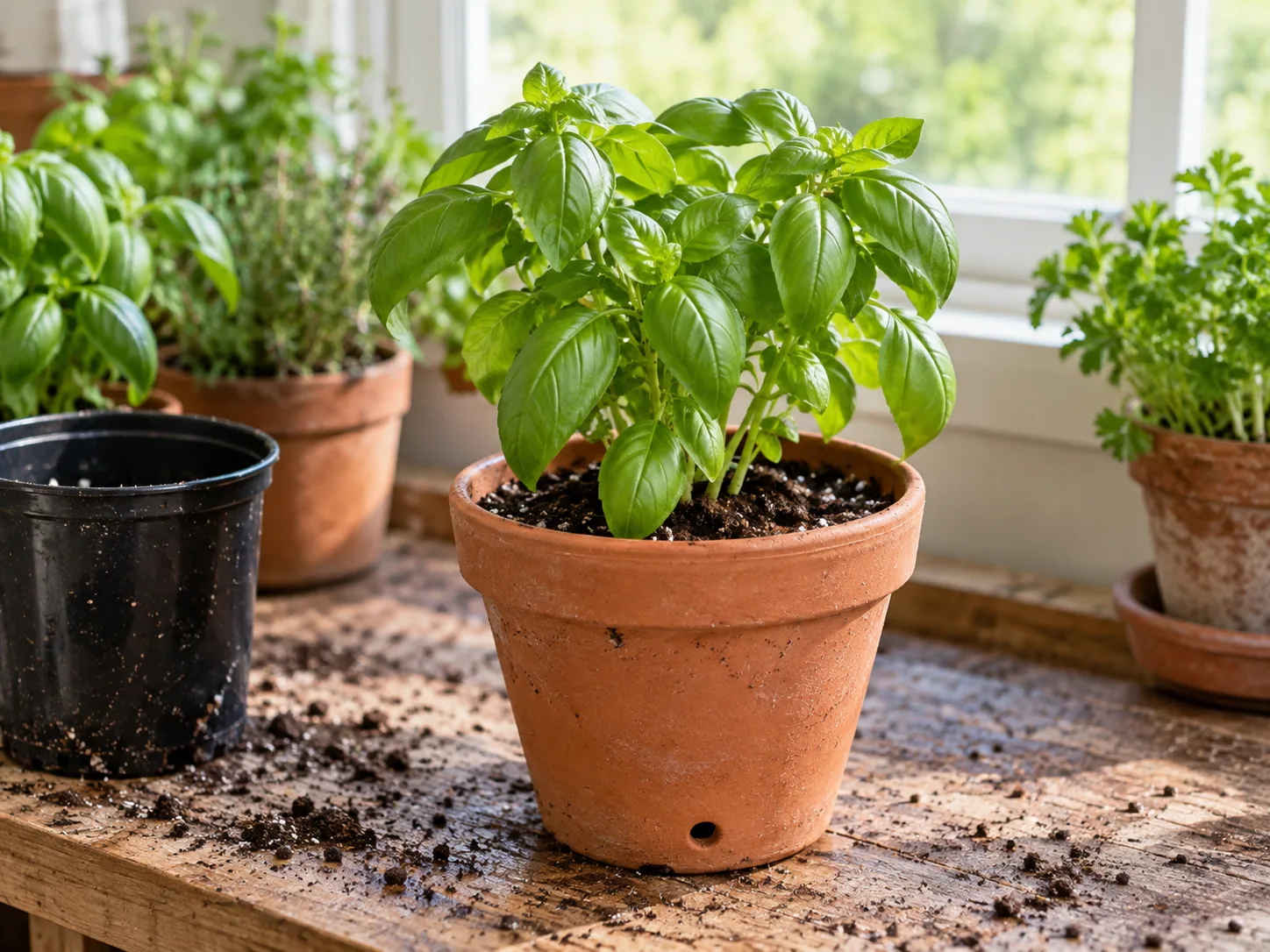 A grocery-store basil plant settled into a separate pot with fresh potting mix.