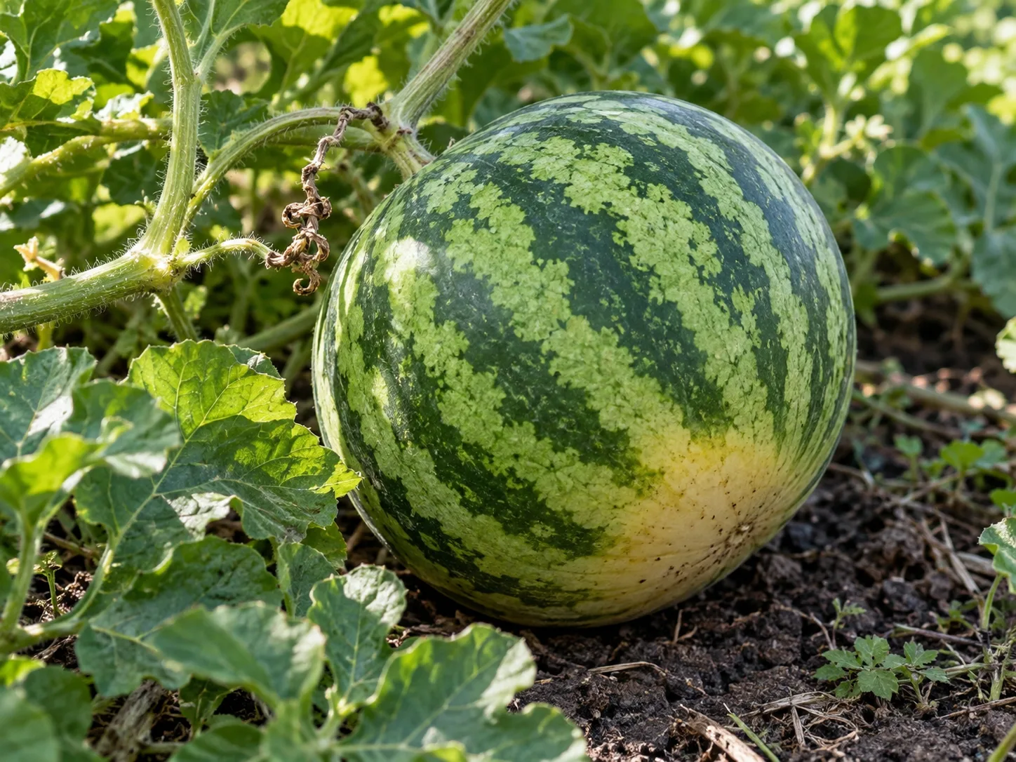 Ripe striped watermelon resting on dry soil with its nearby tendril dried and brown