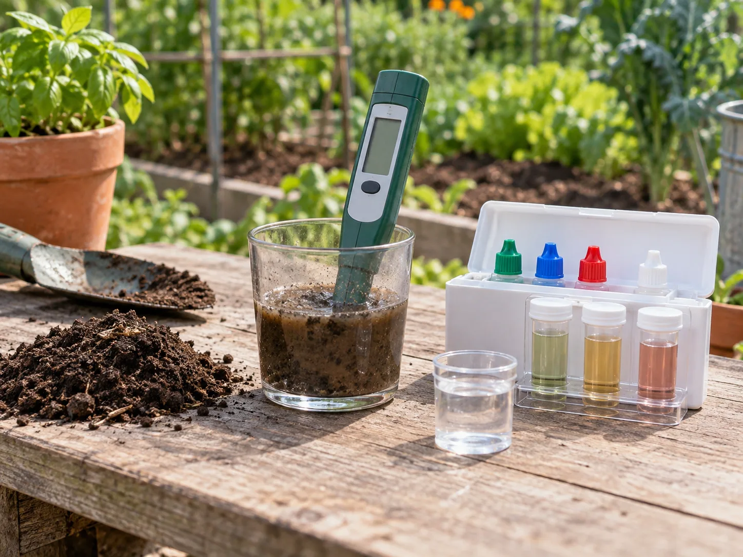 Home soil pH kit and a composite garden soil sample arranged on a potting bench