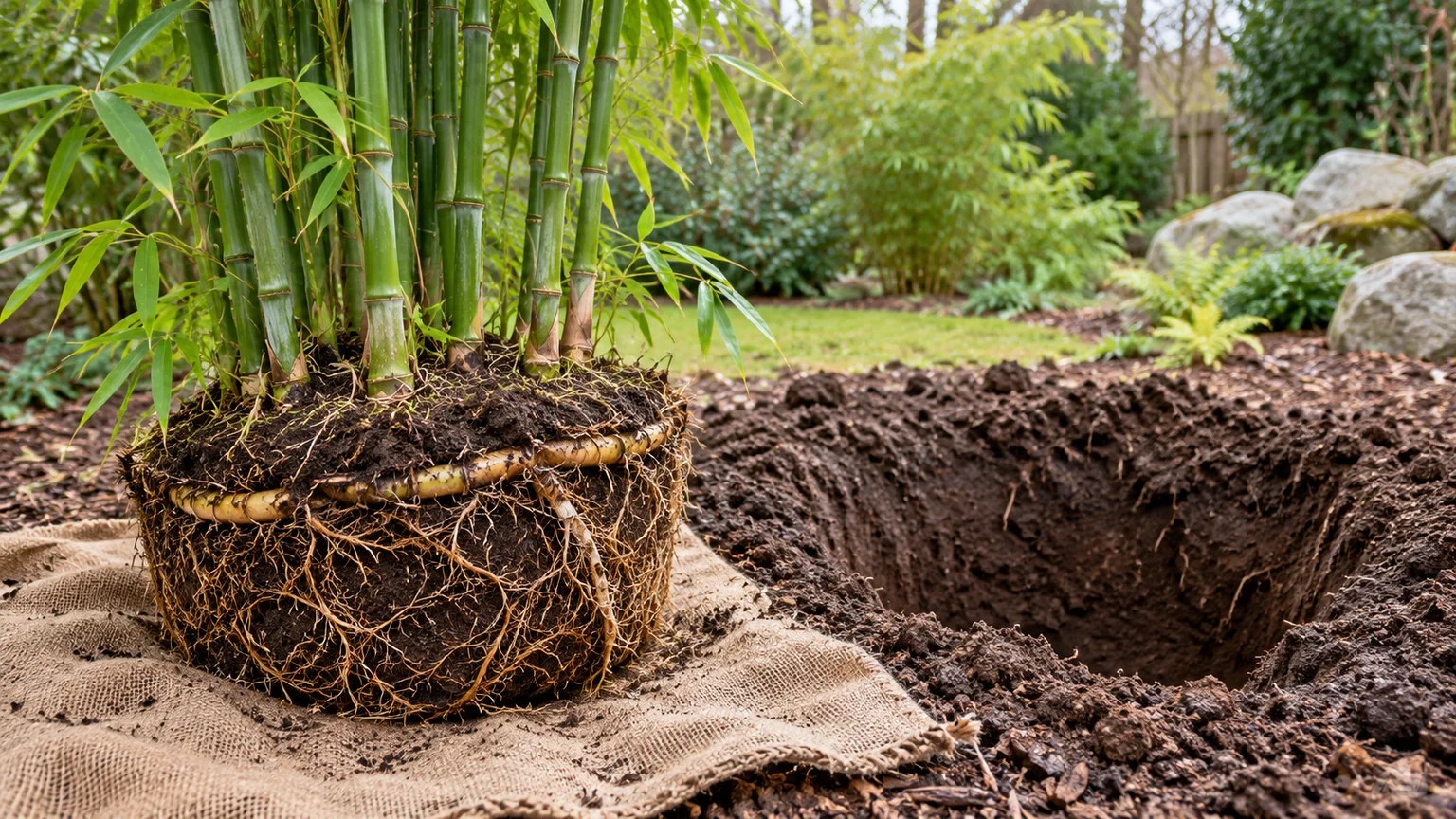 A bamboo division with an intact root ball beside its prepared planting hole