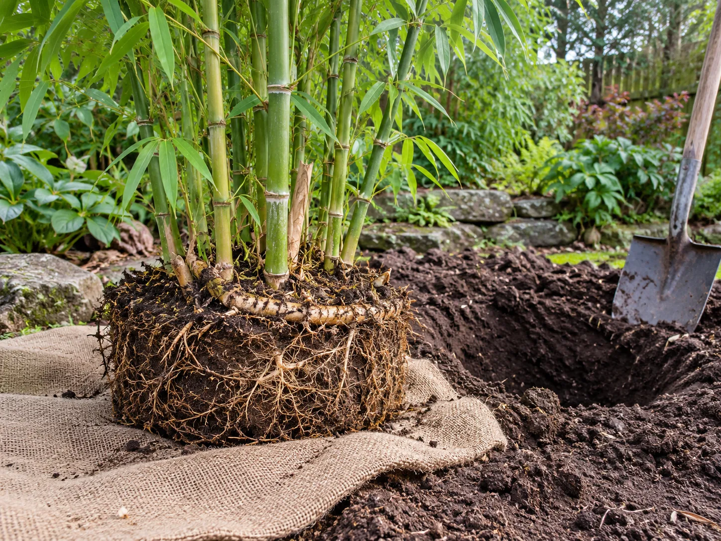 A bamboo division with a substantial root ball ready for planting