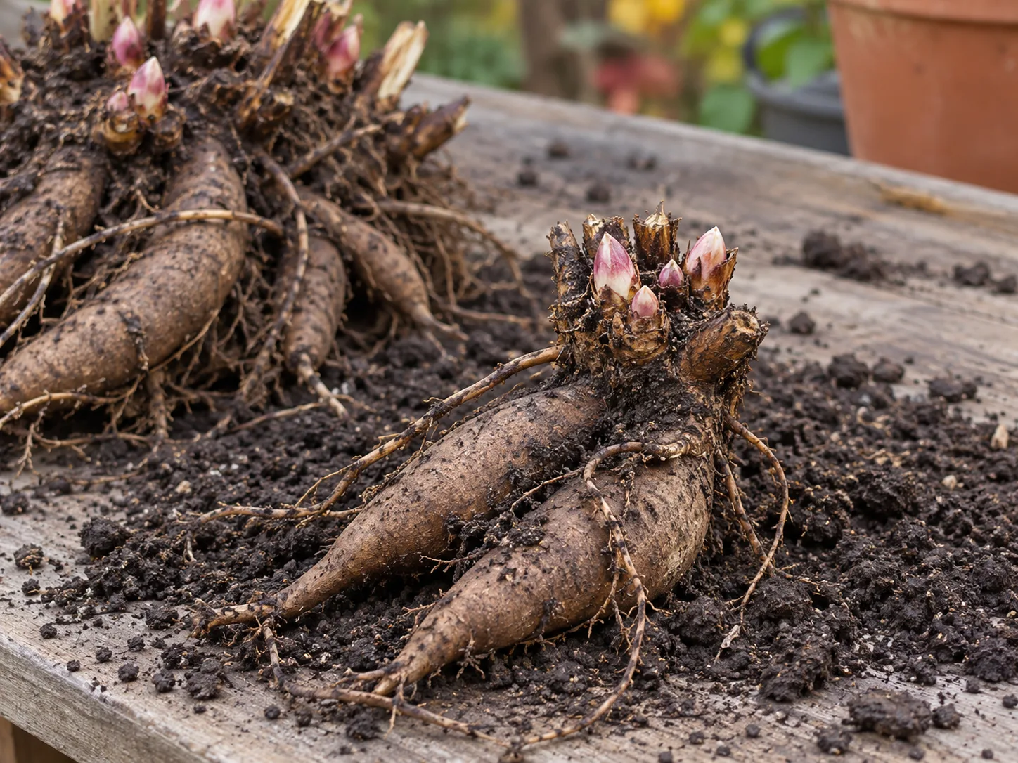 A freshly cut herbaceous peony division with visible pink eyes on the crown and thick storage roots attached.