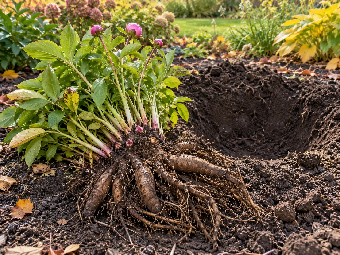 A mature herbaceous peony lifted in fall beside its new planting hole, with the fleshy root system and crown visible.